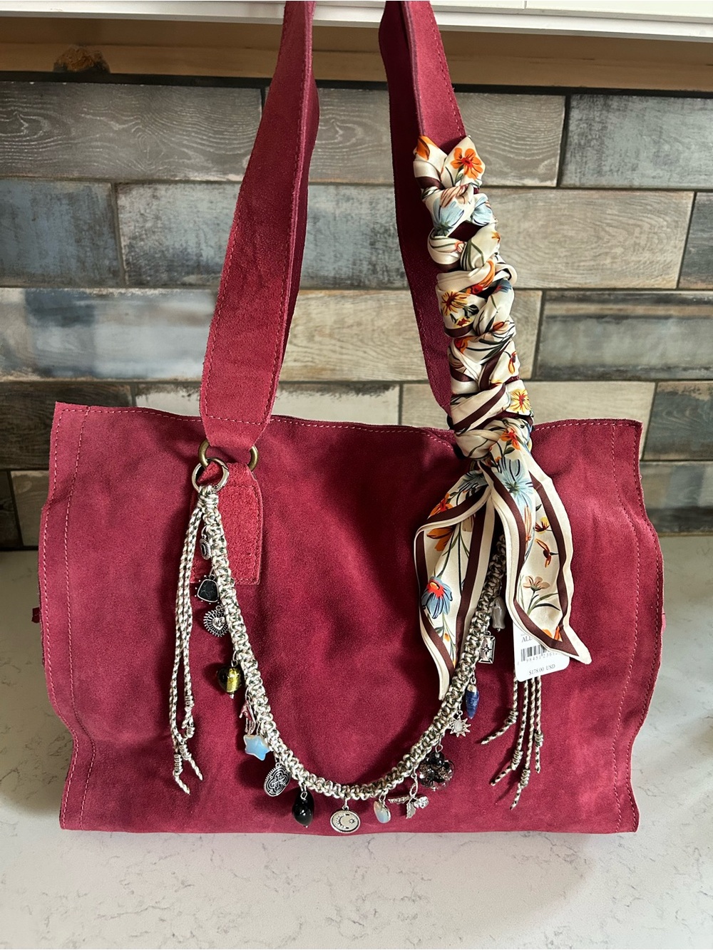 NWT Free People Salma Suede Tote Bag in Wine w/ Swag Bag Charm & Scarf - Picture 16 of 16
